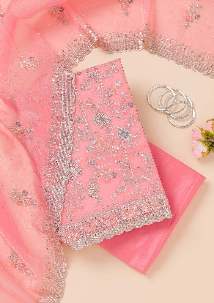 Pink Zariwork Organza Unstitched Salwar Suit