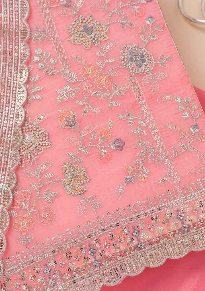 Pink Zariwork Organza Unstitched Salwar Suit