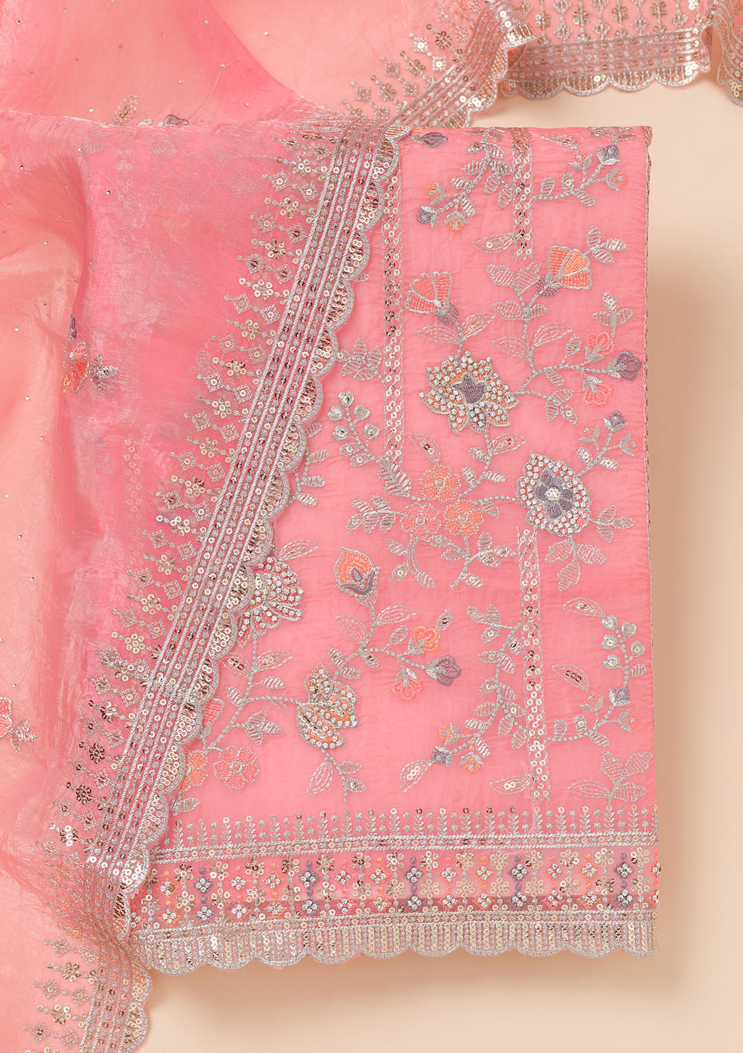 Pink Zariwork Organza Unstitched Salwar Suit