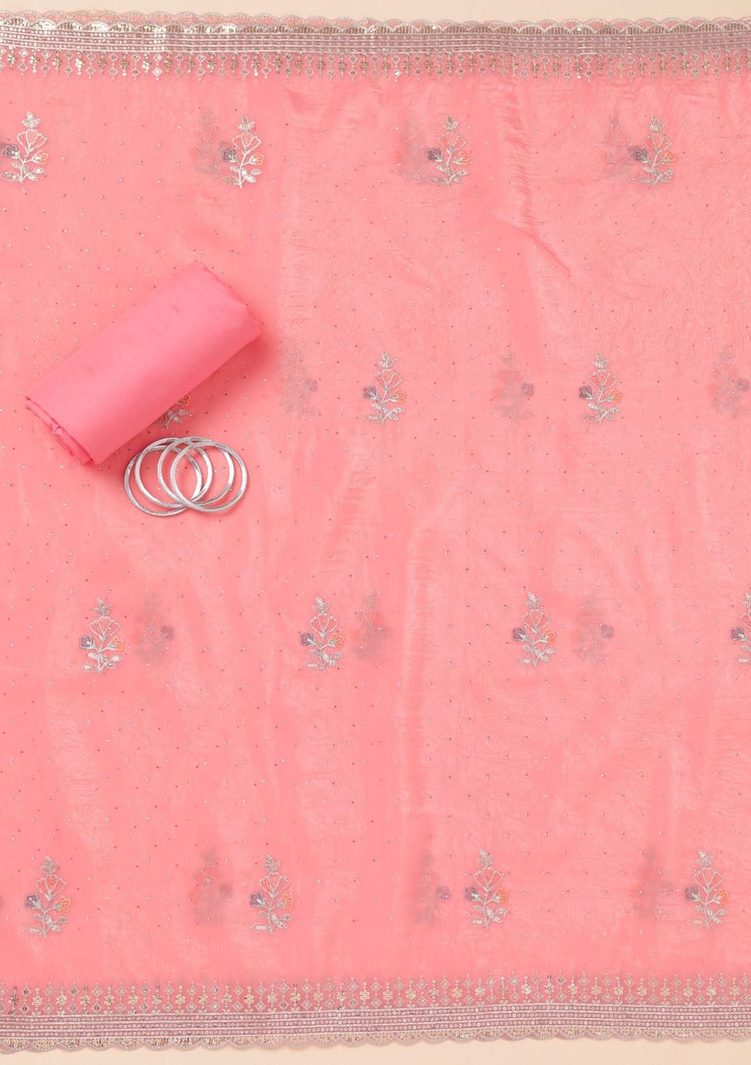 Pink Zariwork Organza Unstitched Salwar Suit