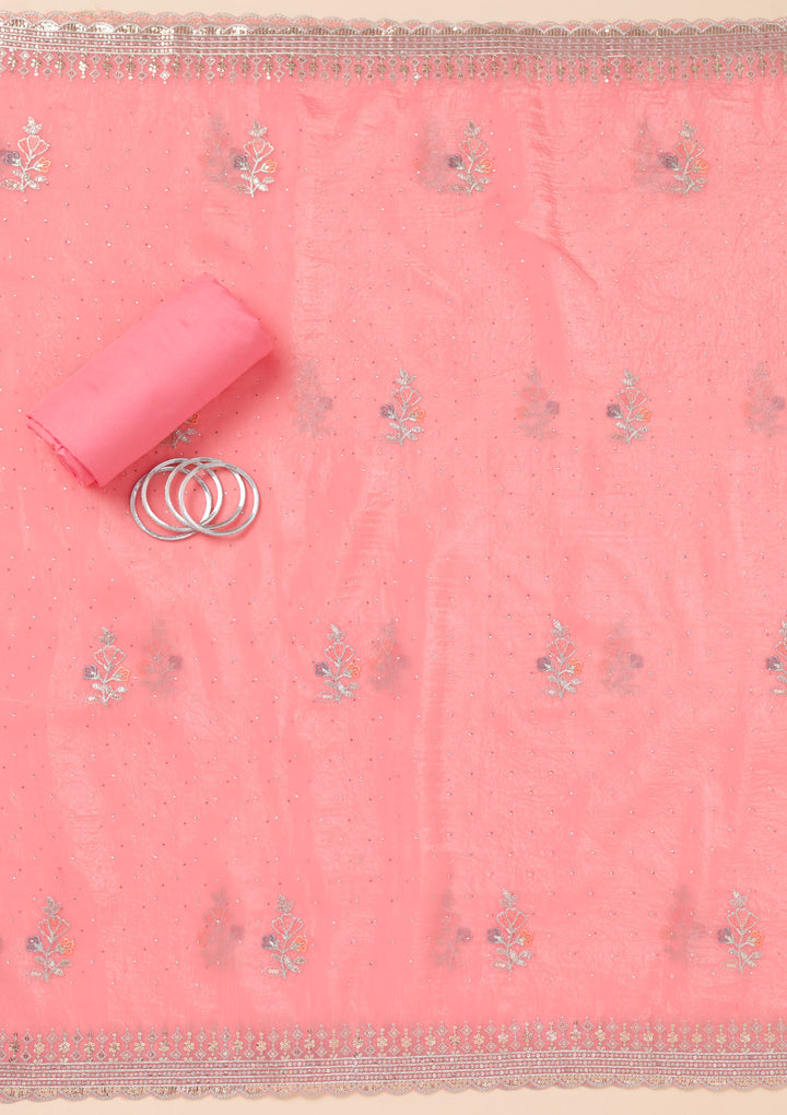 Pink Zariwork Organza Unstitched Salwar Suit