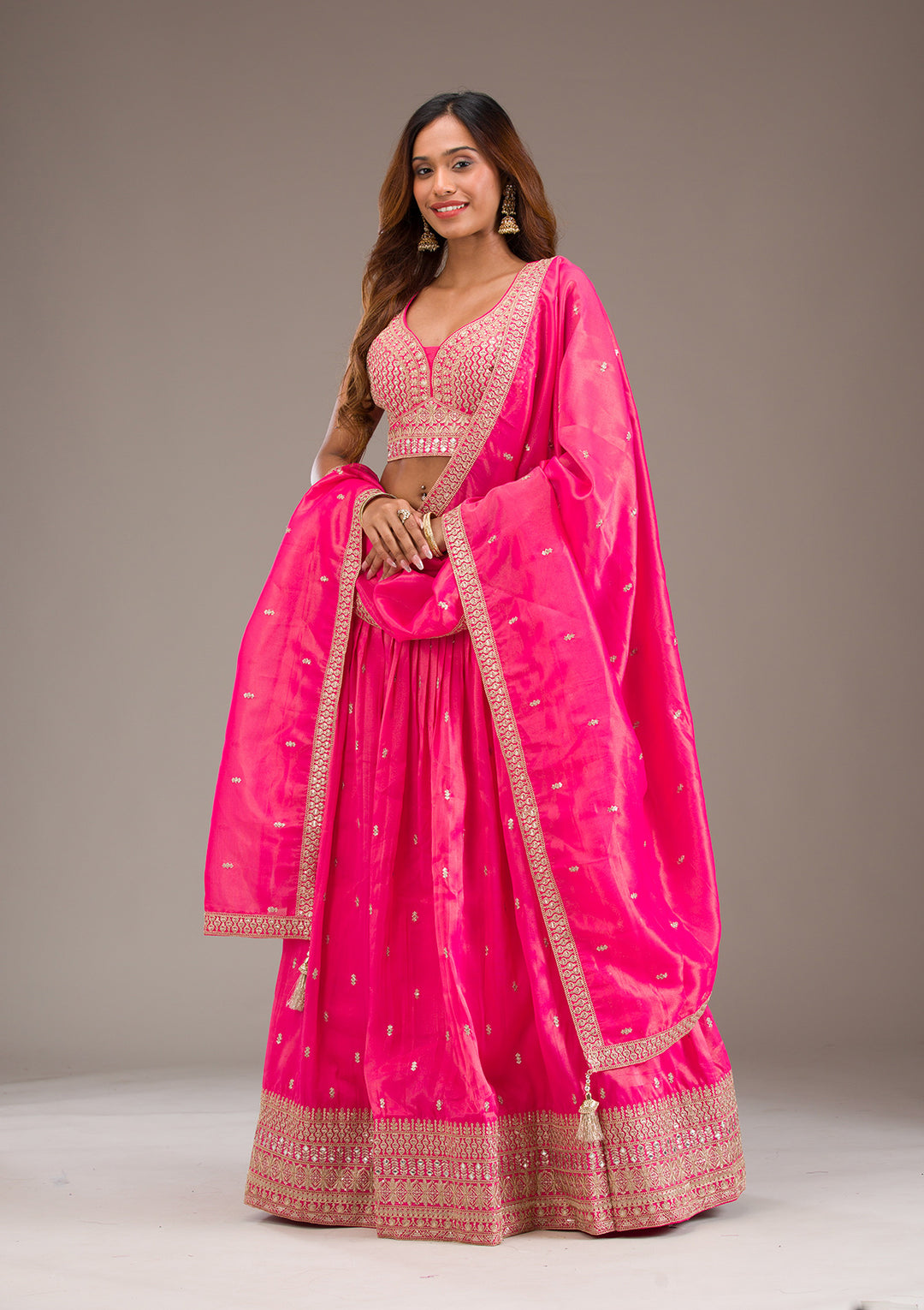 Pink Zariwork Semi Crepe Readymade Lehenga