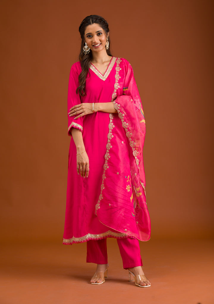 Pink Zariwork Semi Crepe Readymade Salwar Suit