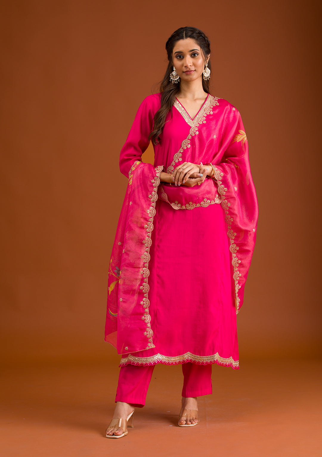 Pink Zariwork Semi Crepe Readymade Salwar Suit