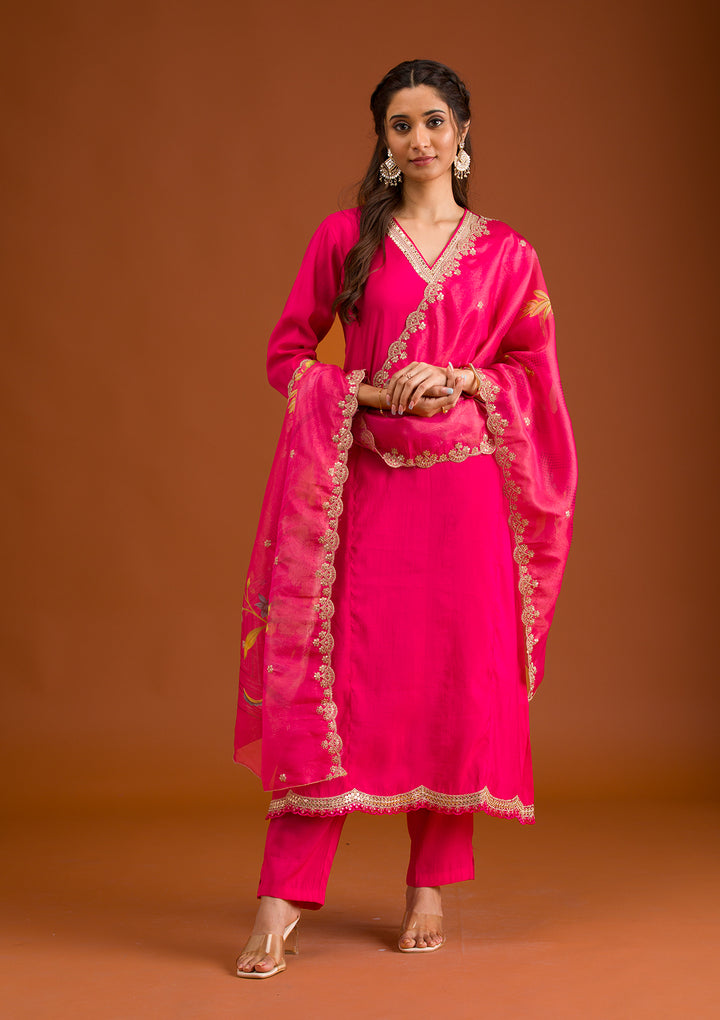 Pink Zariwork Semi Crepe Readymade Salwar Suit
