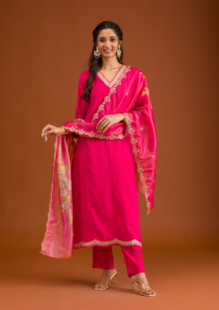 Pink Zariwork Semi Crepe Readymade Salwar Suit