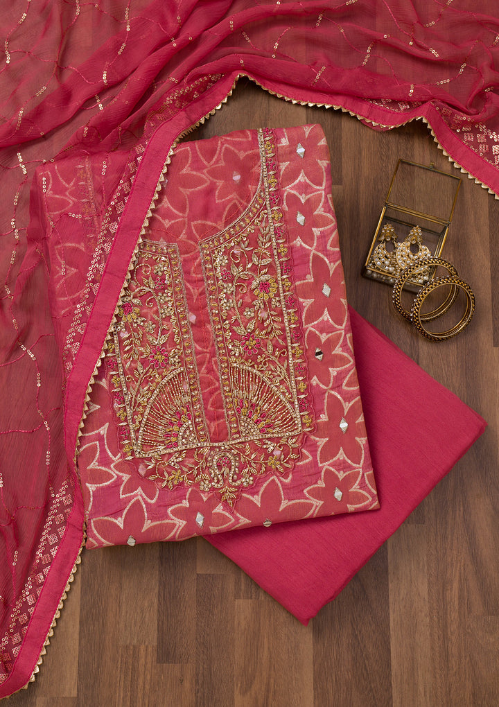 Pink Zariwork Semi Crepe Unstitched Salwar Suit
