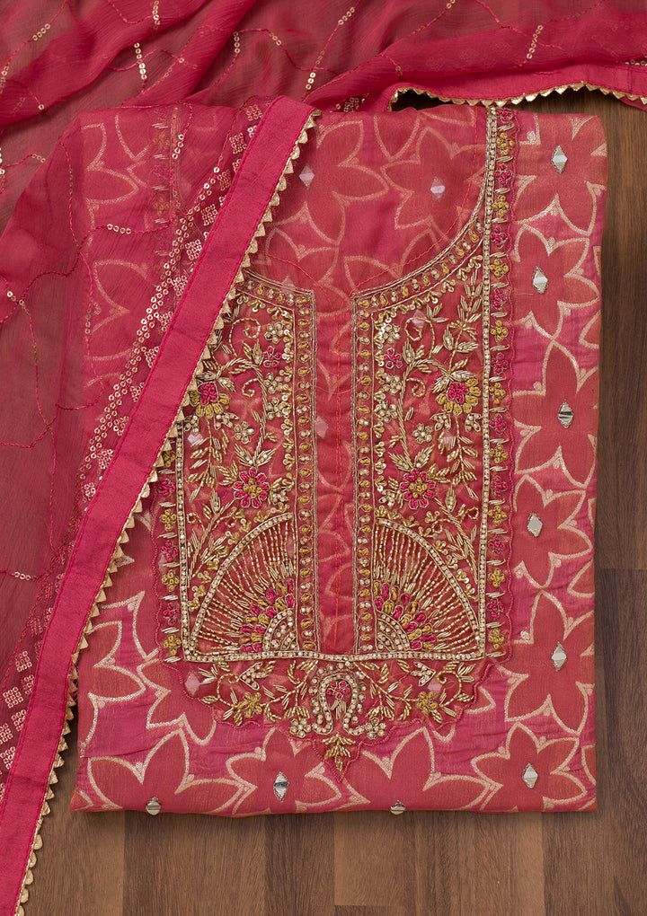 Pink Zariwork Semi Crepe Unstitched Salwar Suit