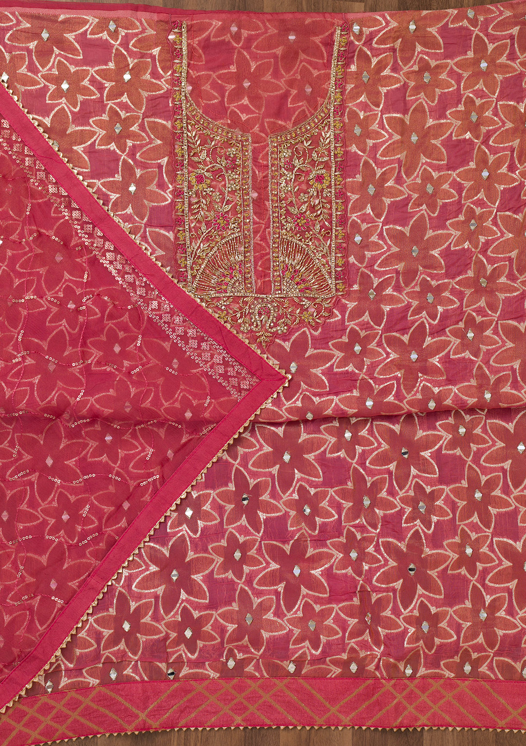 Pink Zariwork Semi Crepe Unstitched Salwar Suit