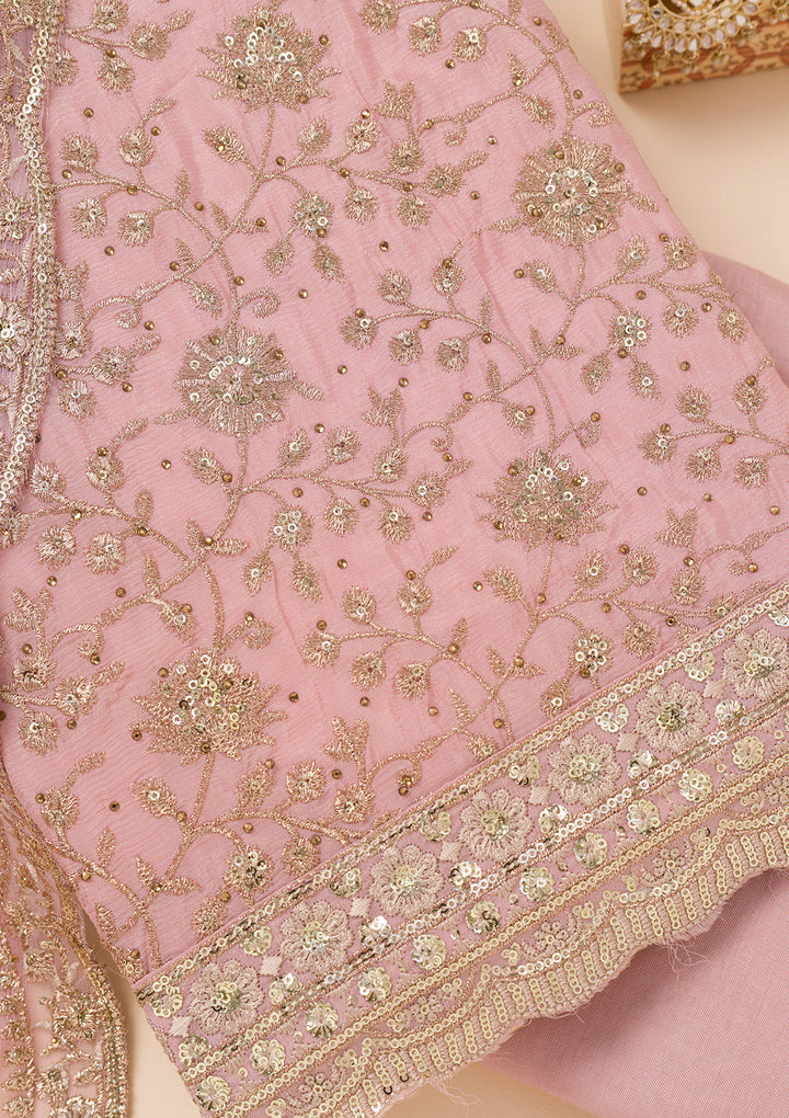 Pink Zariwork Semi Crepe Unstitched Salwar Suit
