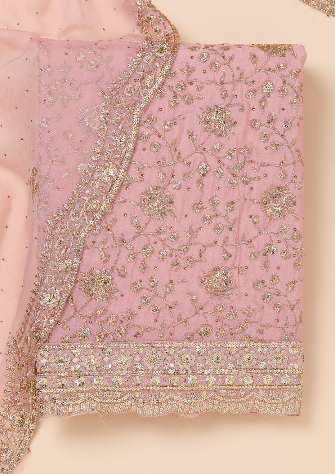 Pink Zariwork Semi Crepe Unstitched Salwar Suit