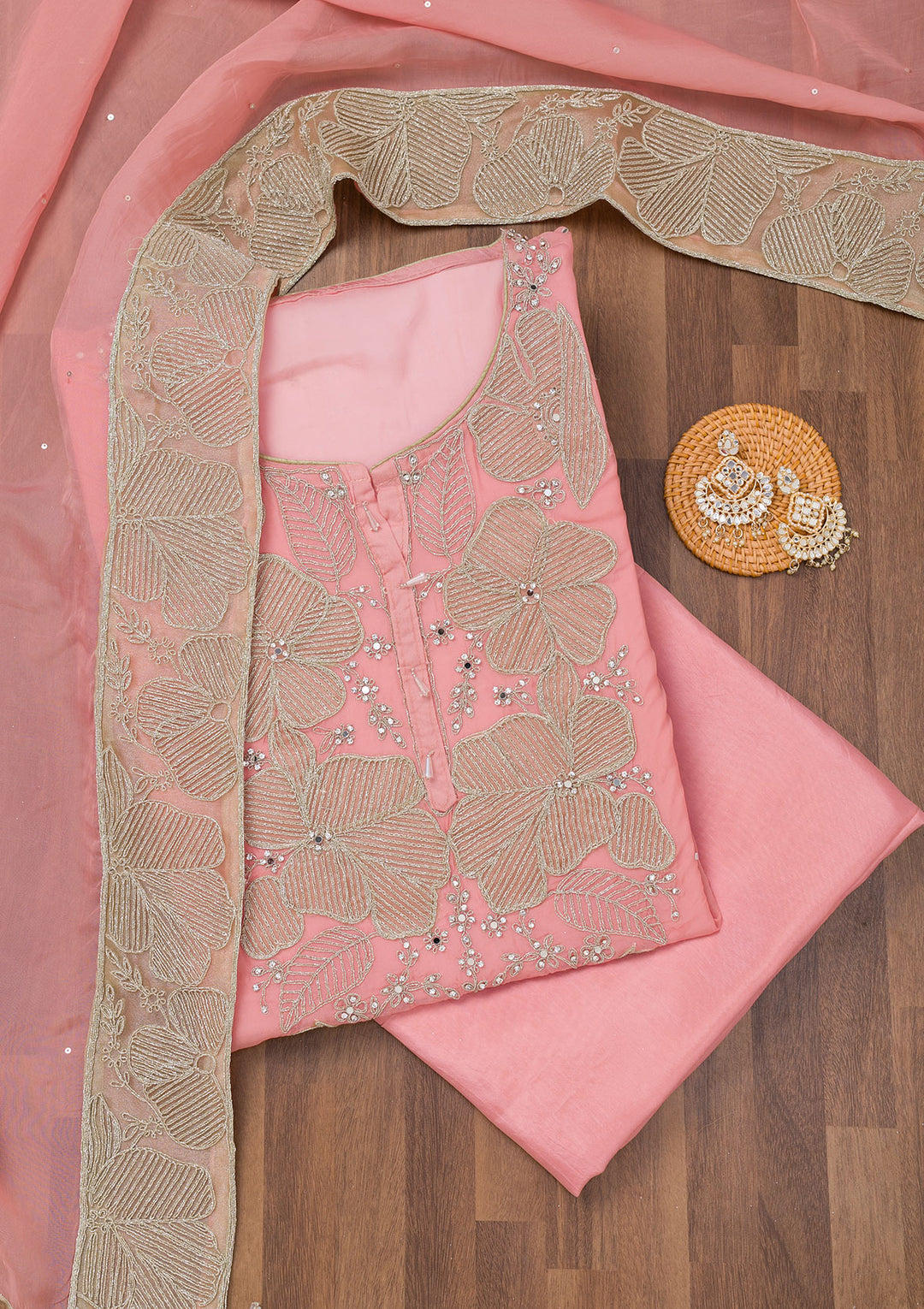 Pink Zariwork Semi Crepe Unstitched Salwar Suit