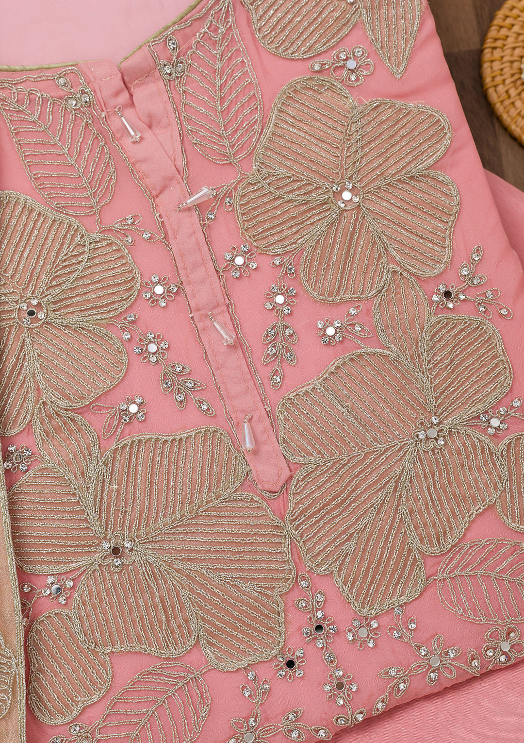Pink Zariwork Semi Crepe Unstitched Salwar Suit