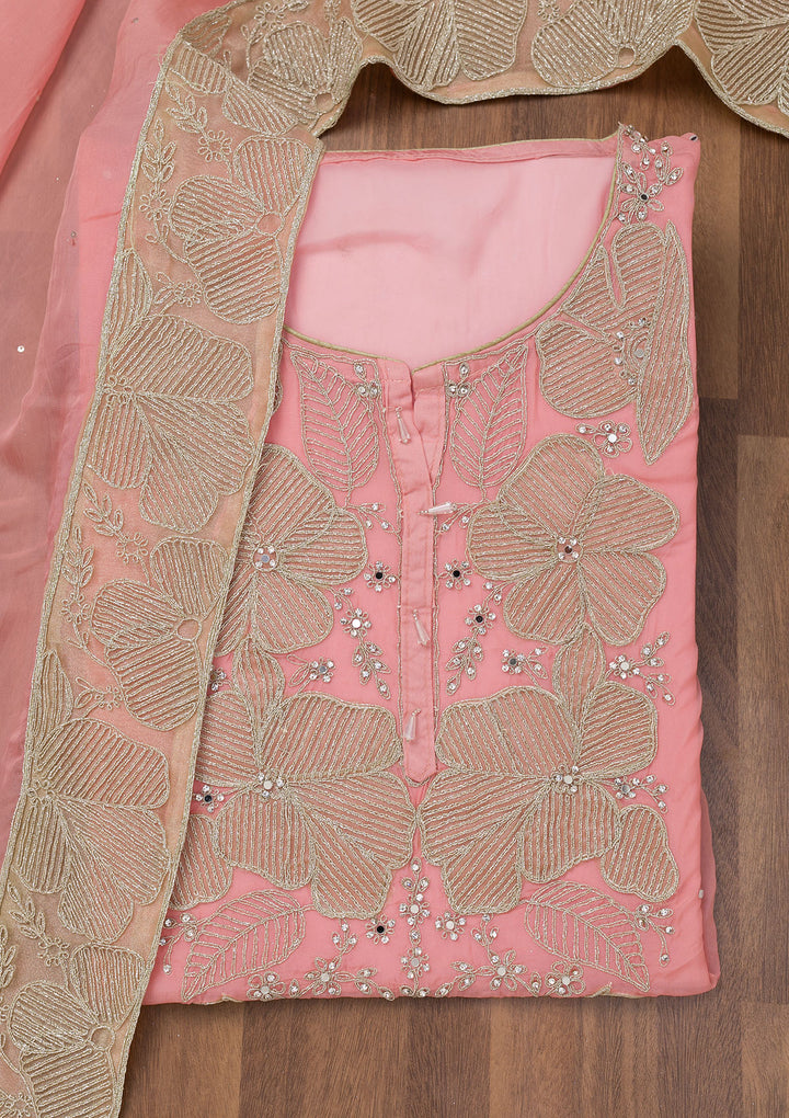Pink Zariwork Semi Crepe Unstitched Salwar Suit