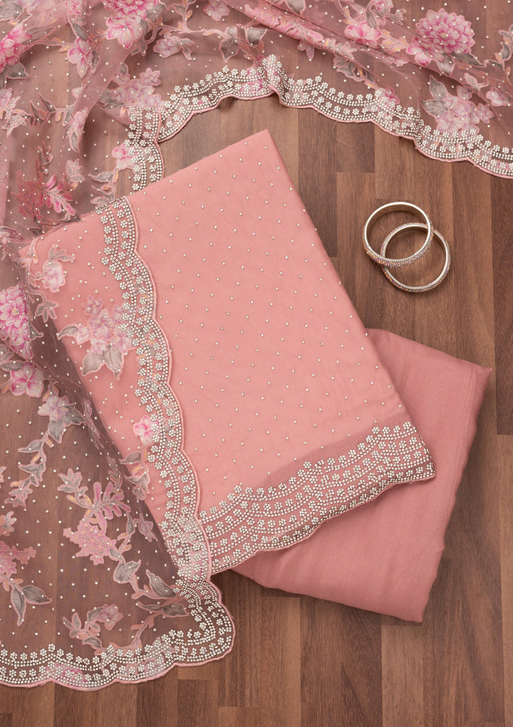 Pink Zariwork Semi Crepe Unstitched Salwar Suit