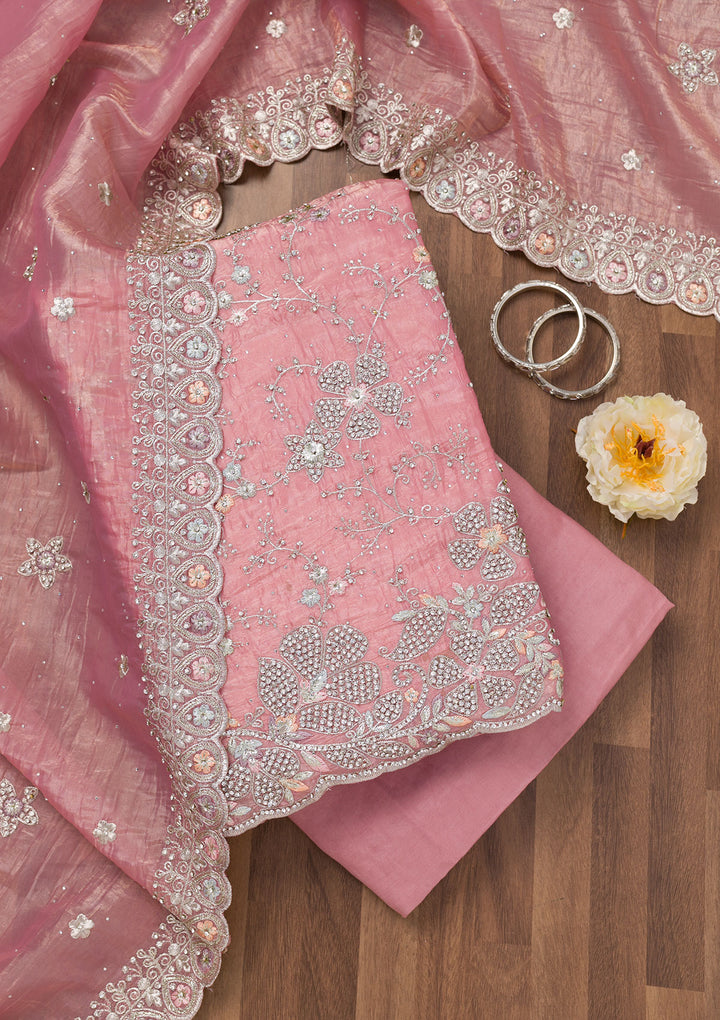Pink Zariwork Tissue Unstitched Salwar Suit