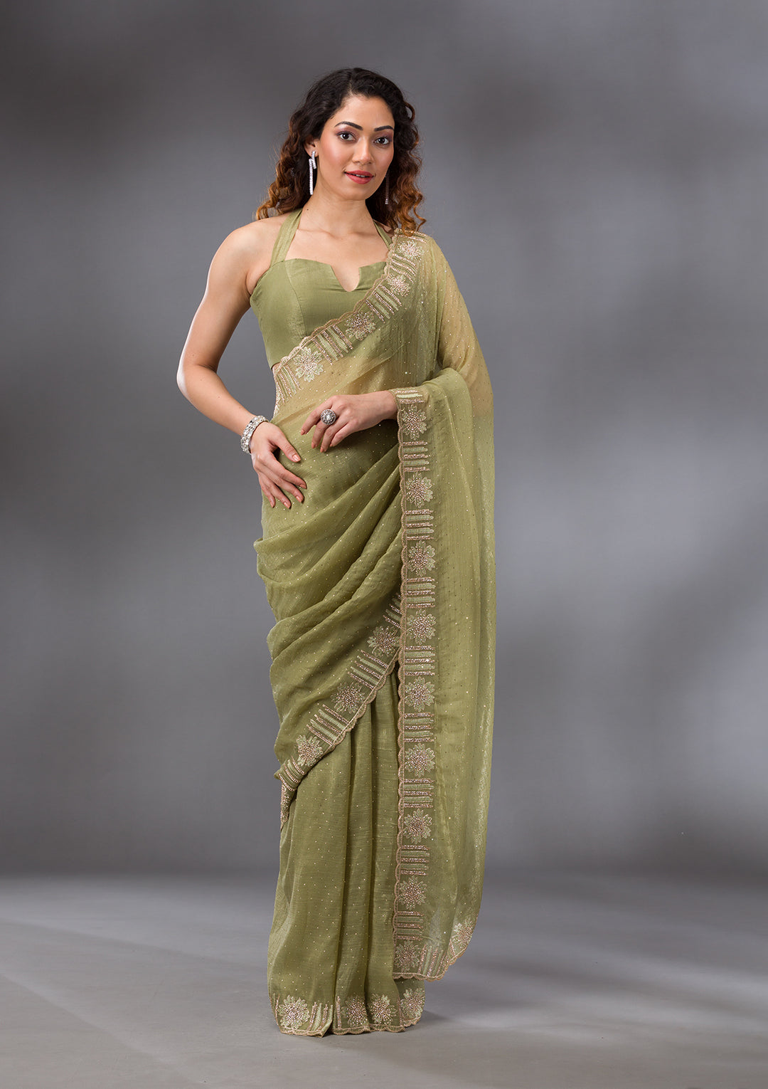 Pista Green Stonework Tissue Saree