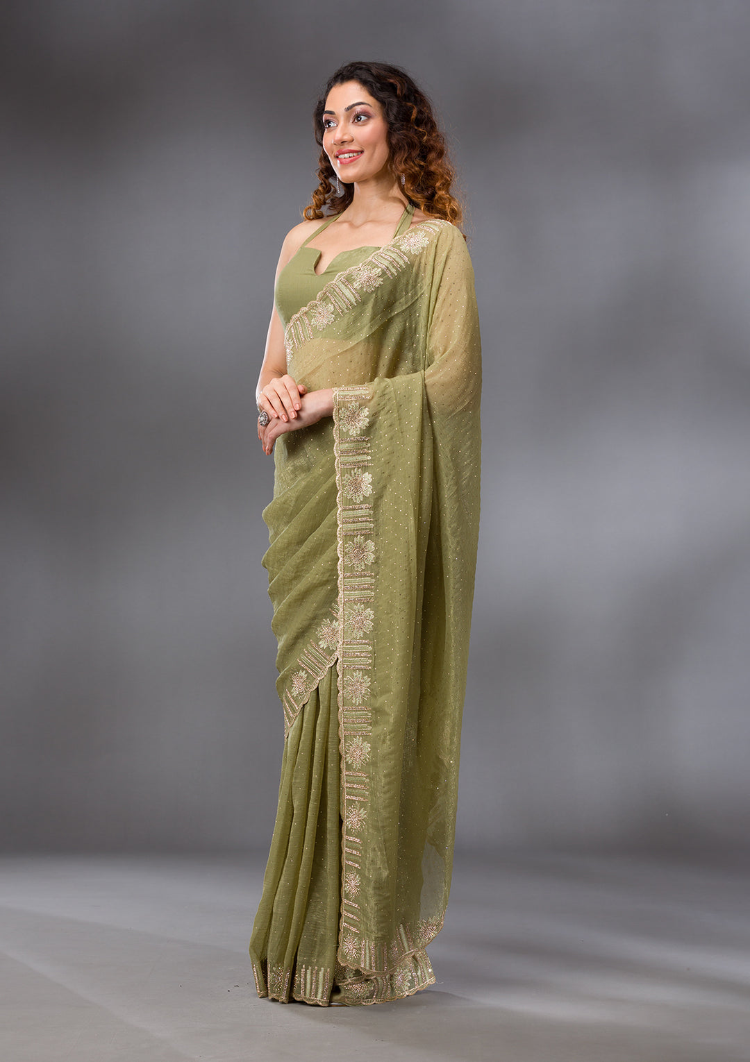 Pista Green Stonework Tissue Saree