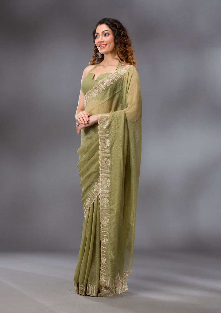 Pista Green Stonework Tissue Saree