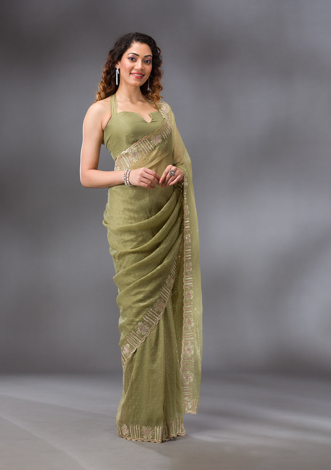 Pista Green Stonework Tissue Saree