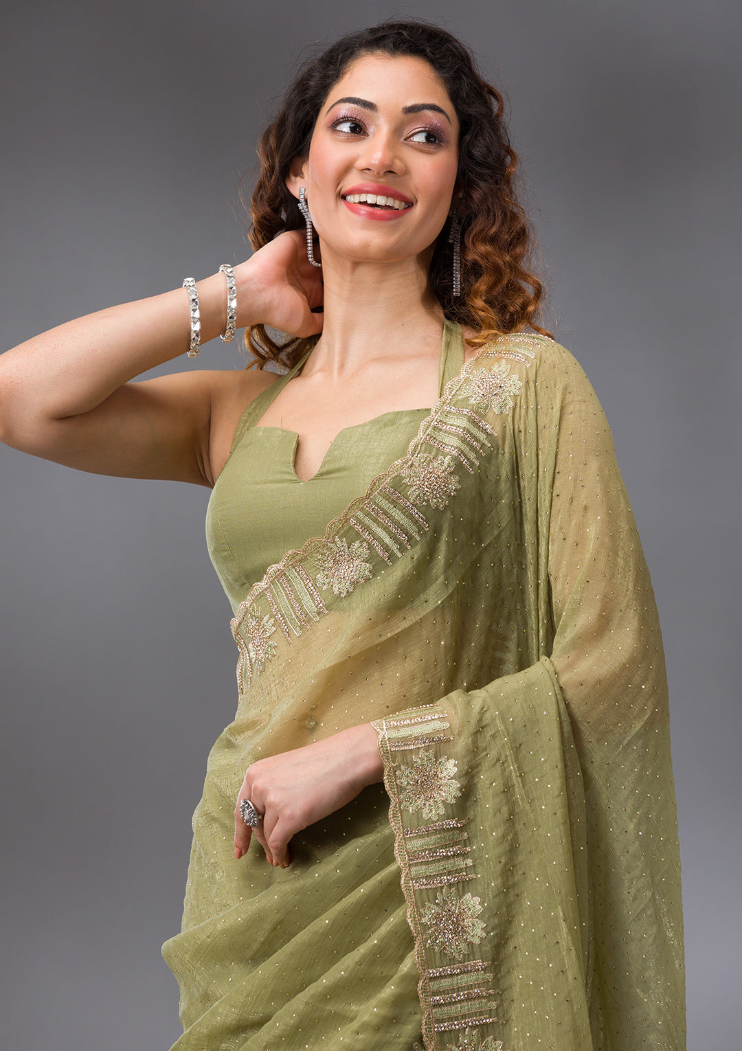 Pista Green Stonework Tissue Saree