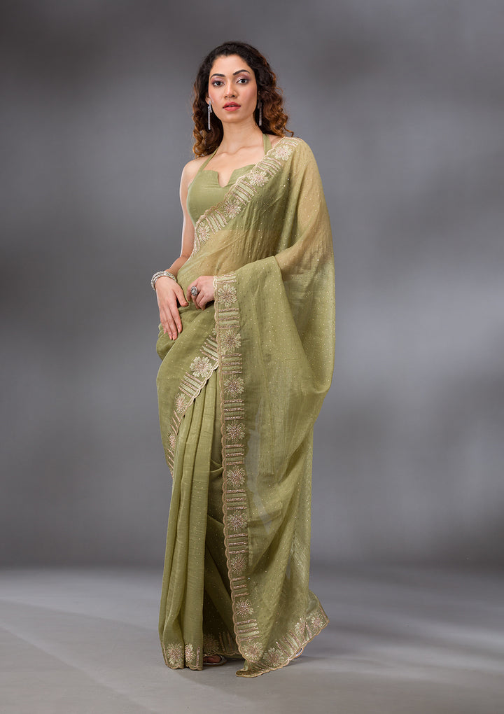Pista Green Stonework Tissue Saree