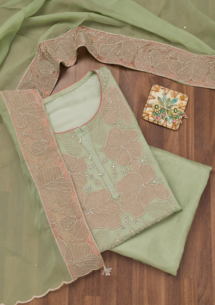 Pista Green Threadwork Georgette Unstitched Salwar Suit
