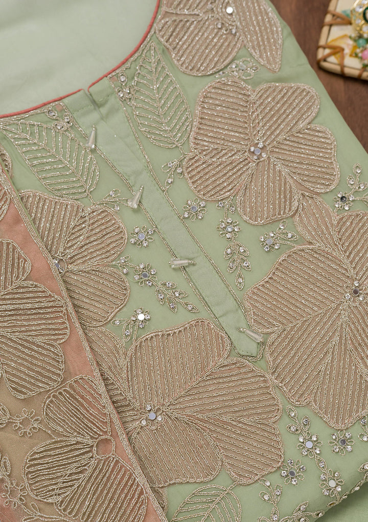 Pista Green Threadwork Georgette Unstitched Salwar Suit