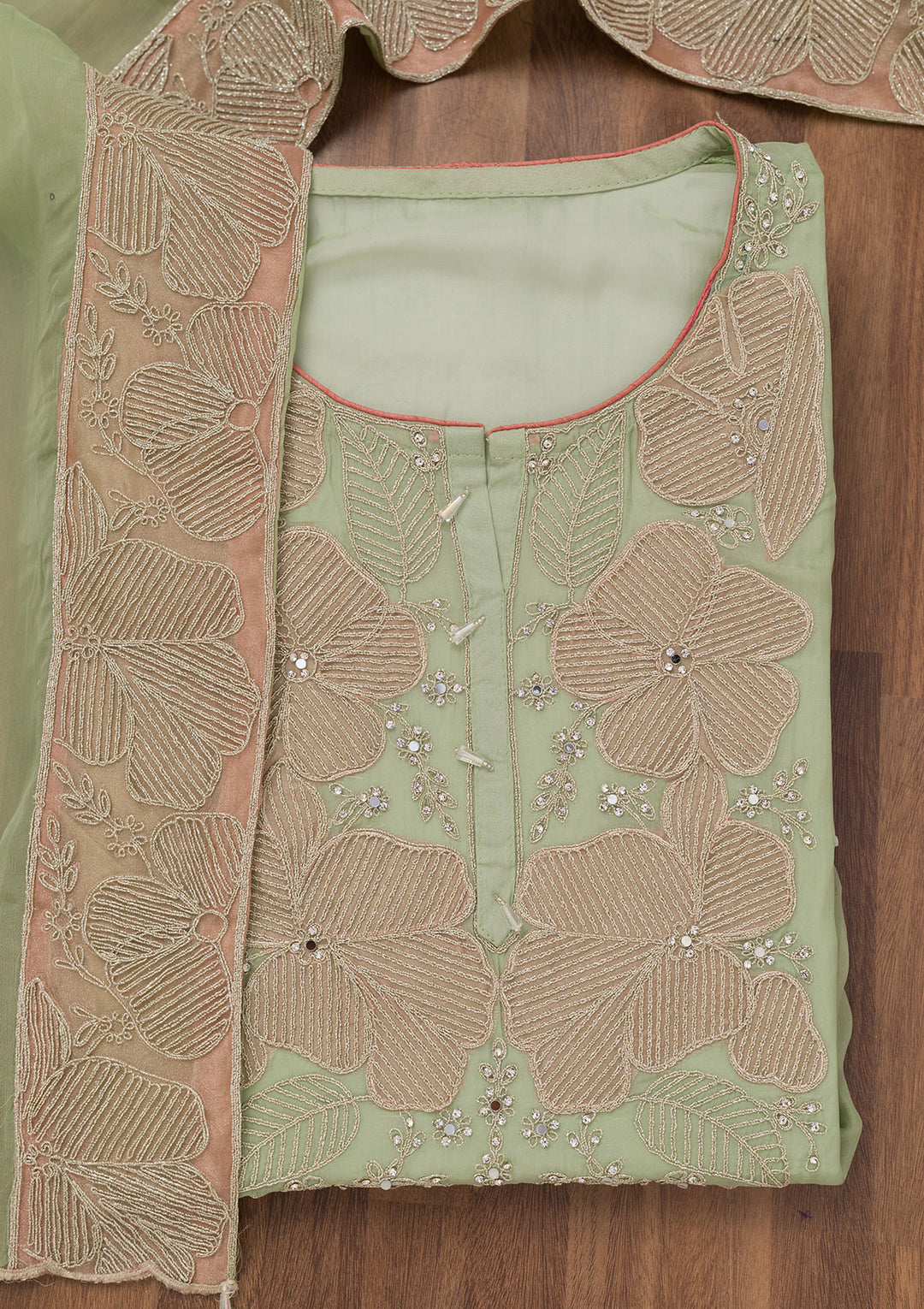 Pista Green Threadwork Georgette Unstitched Salwar Suit