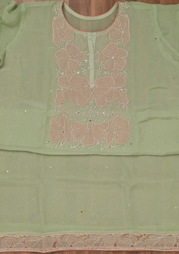 Pista Green Threadwork Georgette Unstitched Salwar Suit