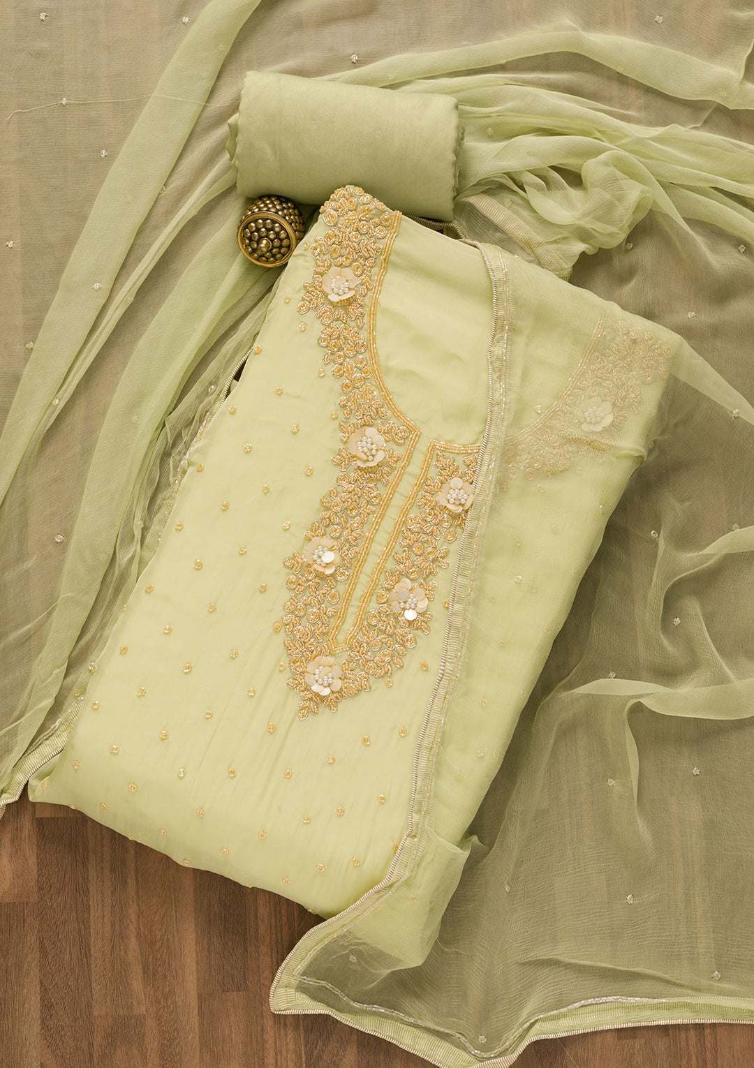 Pista Green Cutdana Tissue Unstitched Salwar Suit-Koskii