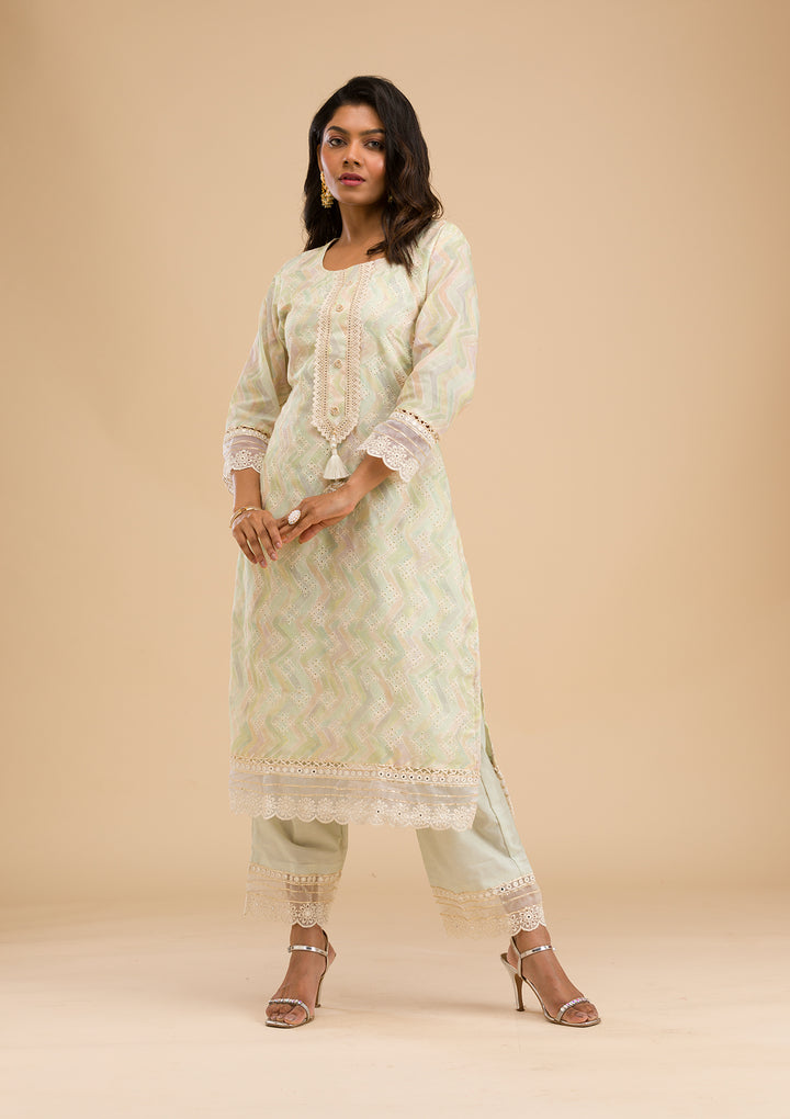 Pista Green Cutwork Cotton Readymade Salwar Suit
