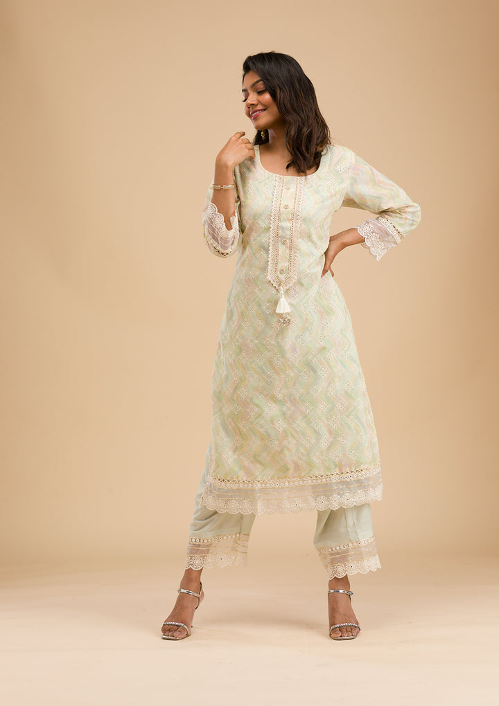 Pista Green Cutwork Cotton Readymade Salwar Suit