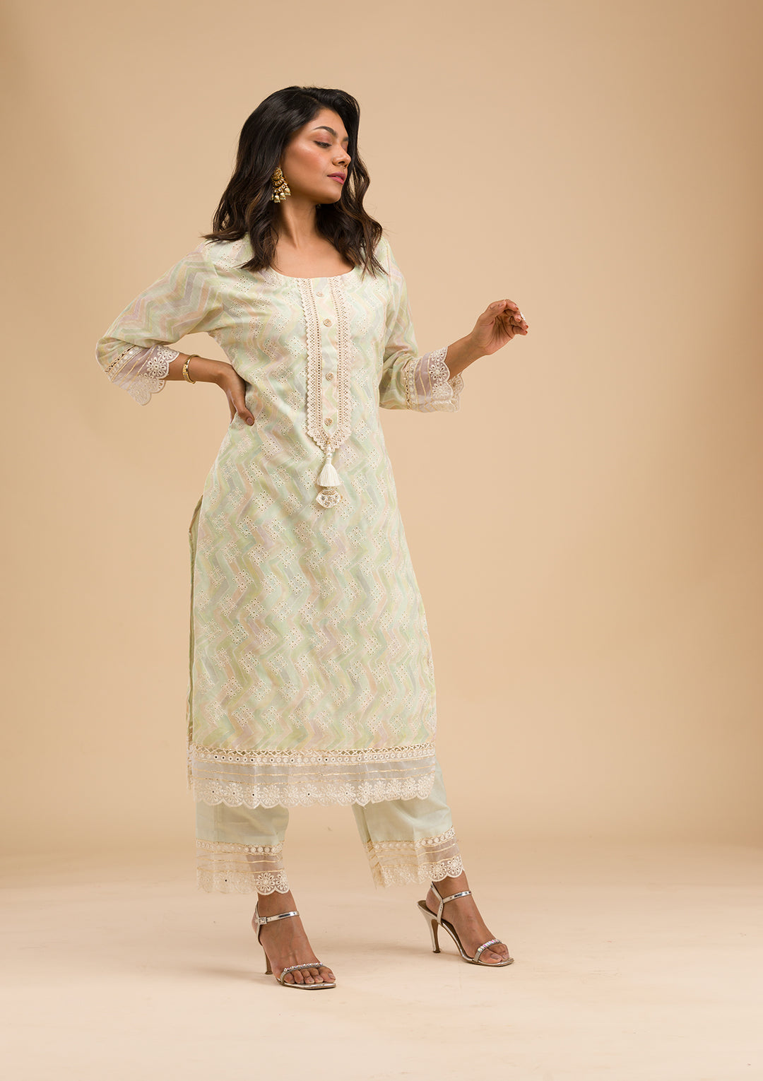 Pista Green Cutwork Cotton Readymade Salwar Suit
