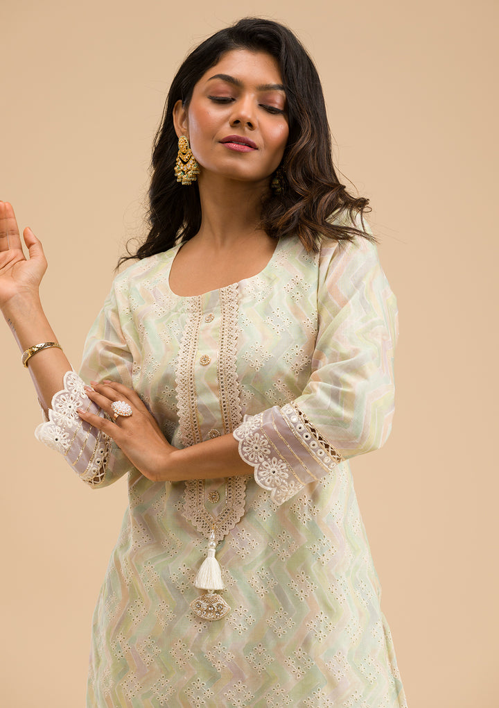 Pista Green Cutwork Cotton Readymade Salwar Suit