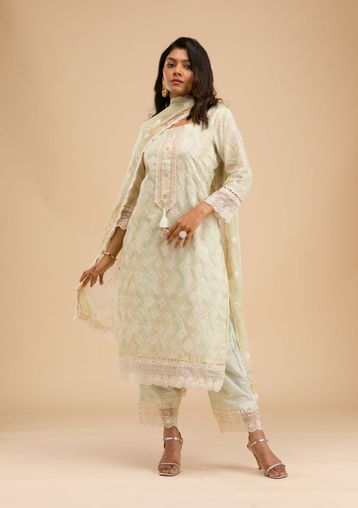 Pista Green Cutwork Cotton Readymade Salwar Suit