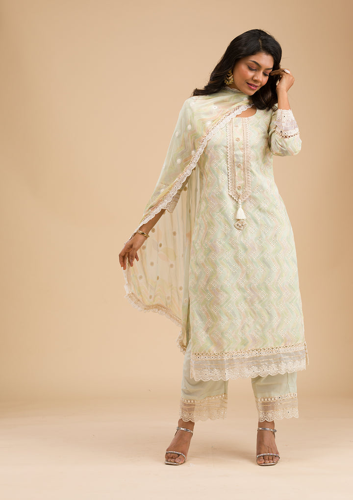 Pista Green Cutwork Cotton Readymade Salwar Suit