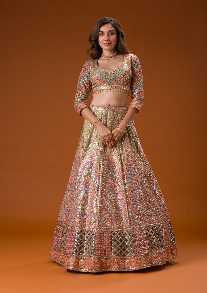 Pista Green Gotapatti Net Readymade Lehenga