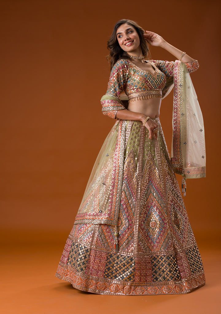 Pista Green Gotapatti Net Readymade Lehenga