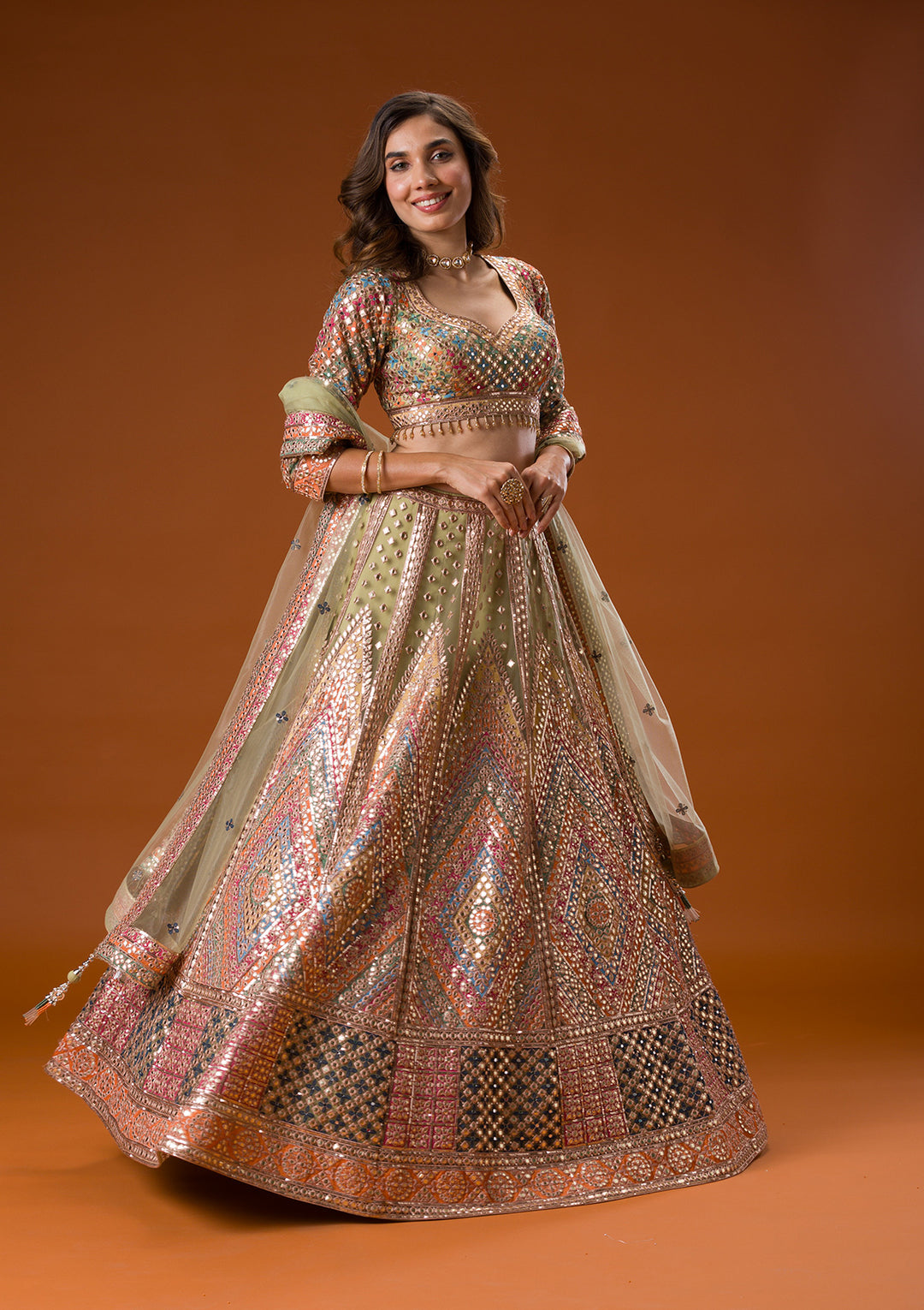 Pista Green Gotapatti Net Readymade Lehenga