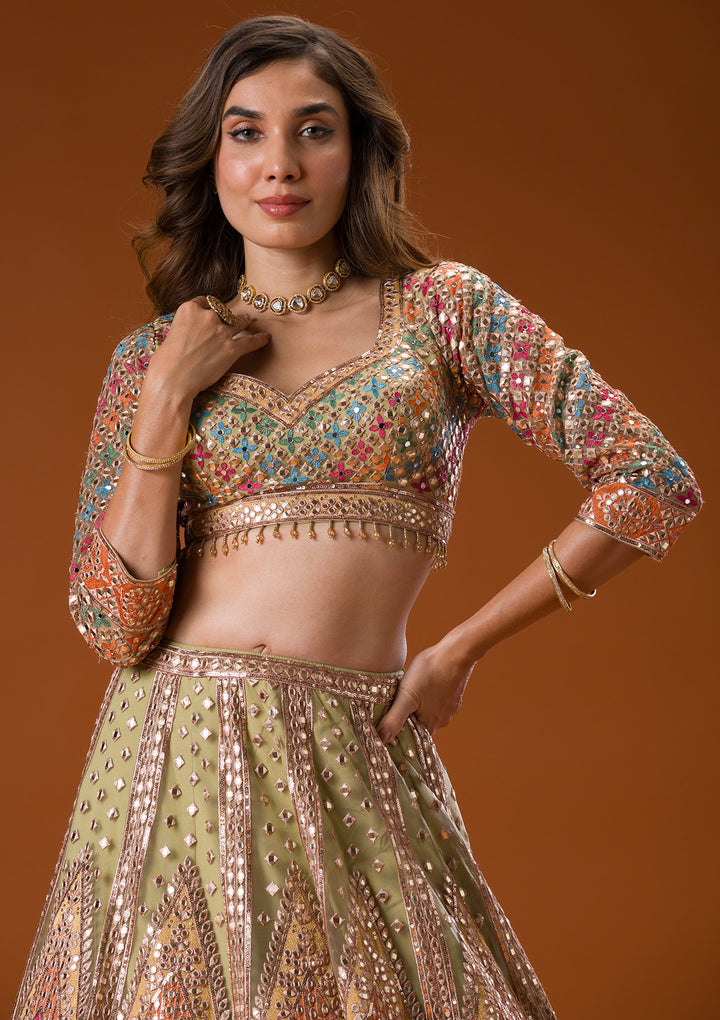 Pista Green Gotapatti Net Readymade Lehenga