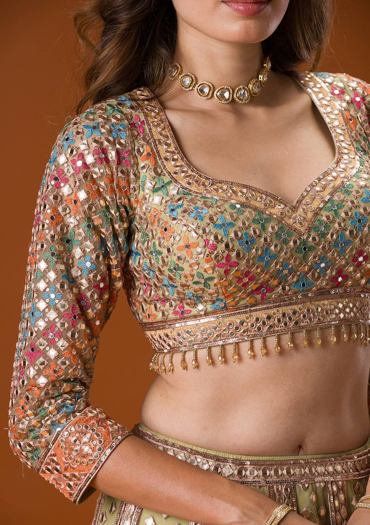 Pista Green Gotapatti Net Readymade Lehenga