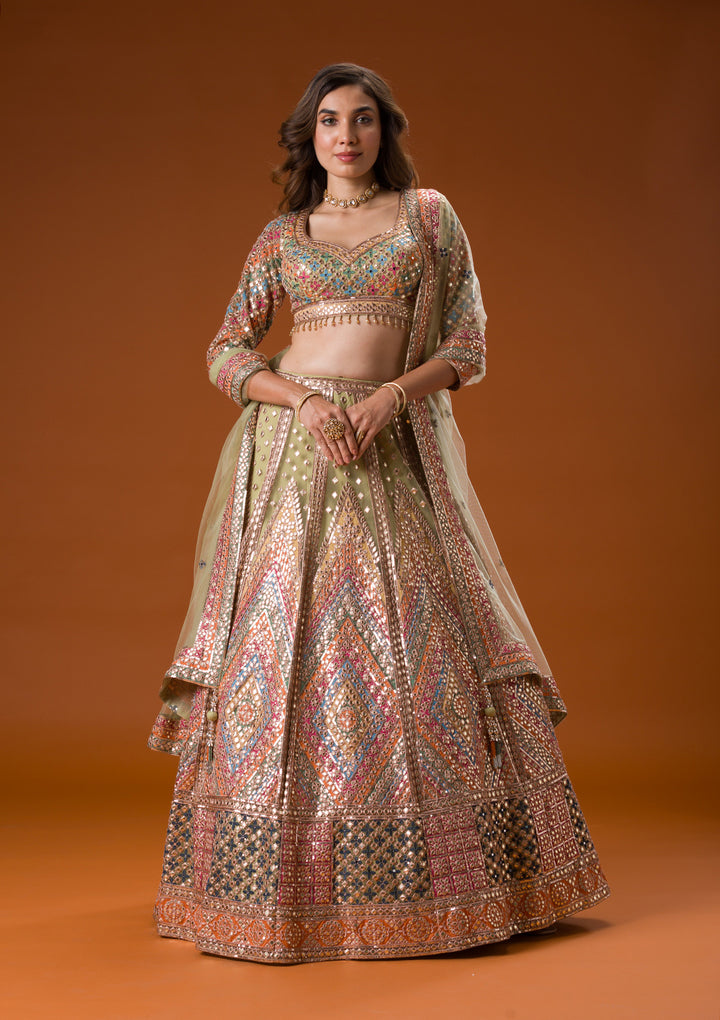 Pista Green Gotapatti Net Readymade Lehenga
