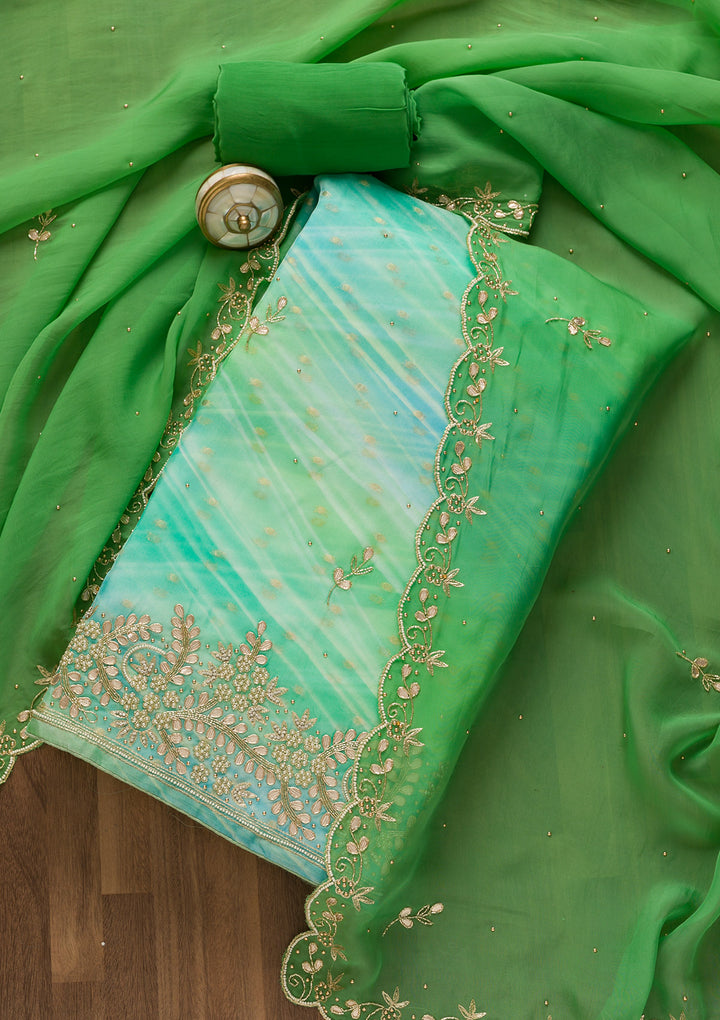 Pista Green Gotapatti Organza Unstitched Salwar Suit-Koskii