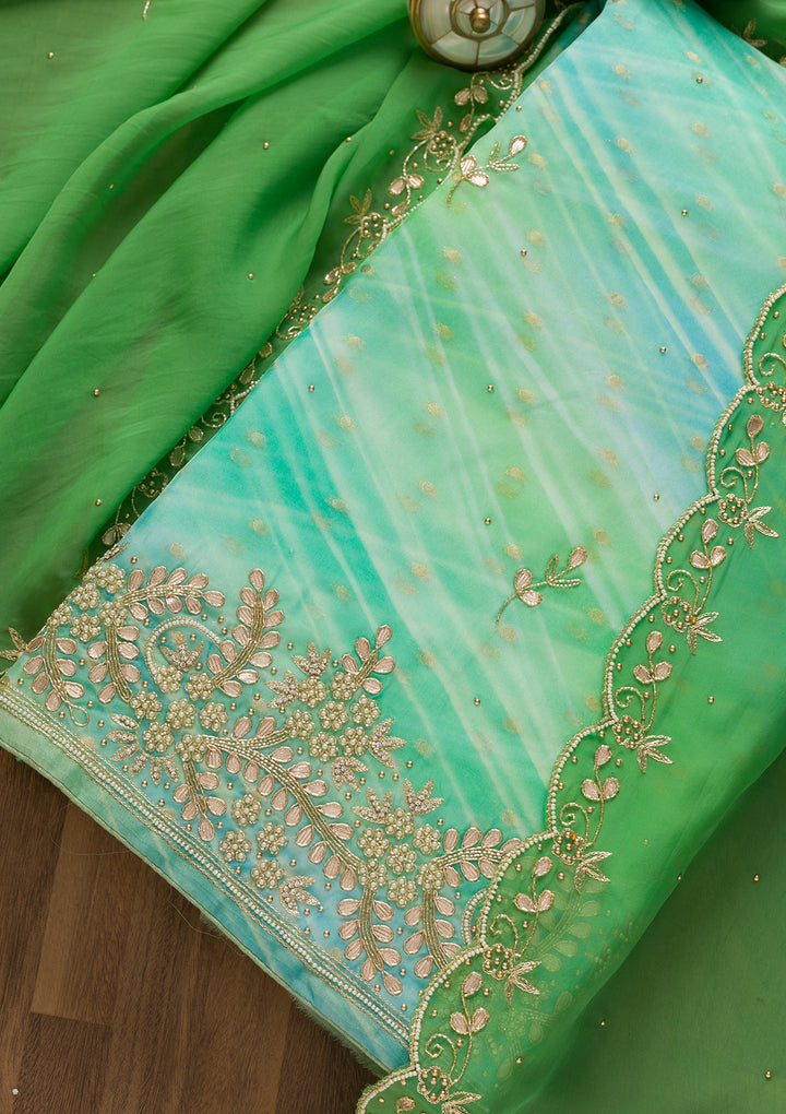 Pista Green Gotapatti Organza Unstitched Salwar Suit-Koskii