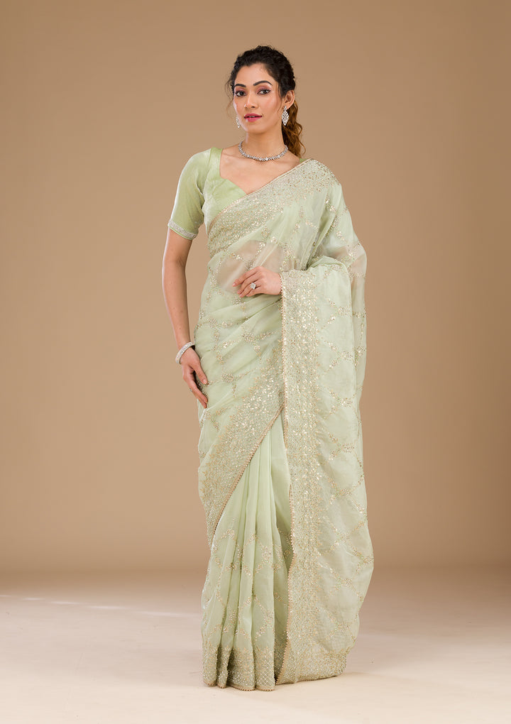 Pista Green Gotapatti Tissue Saree-Koskii