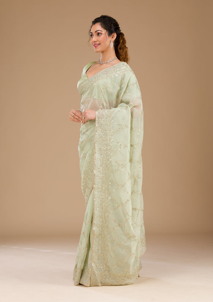 Pista Green Gotapatti Tissue Saree-Koskii