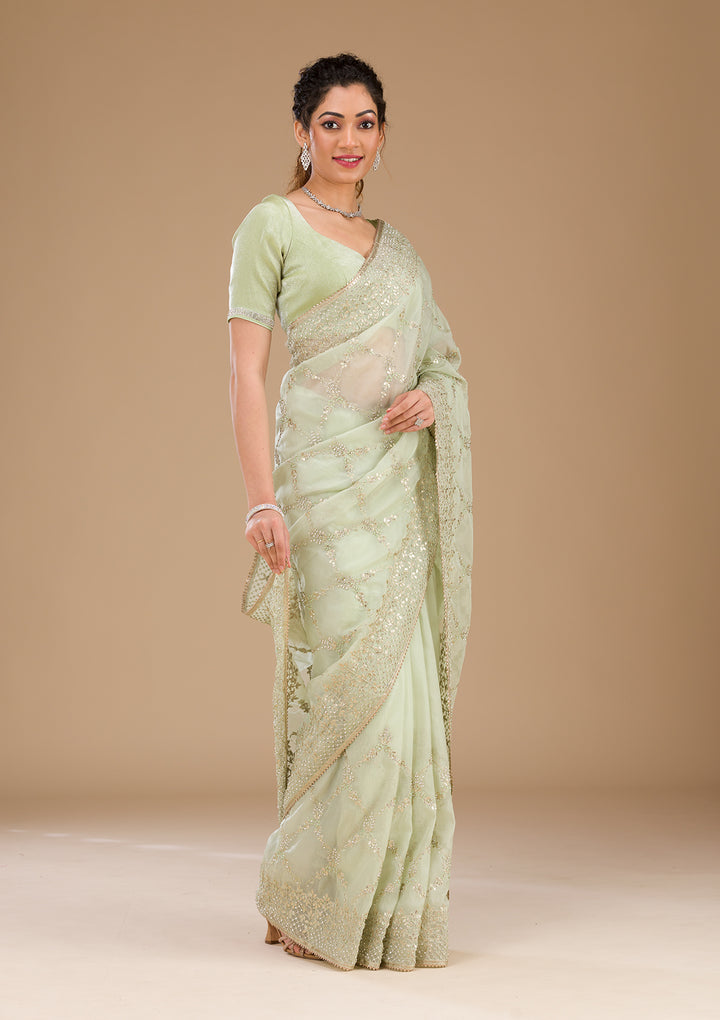 Pista Green Gotapatti Tissue Saree-Koskii