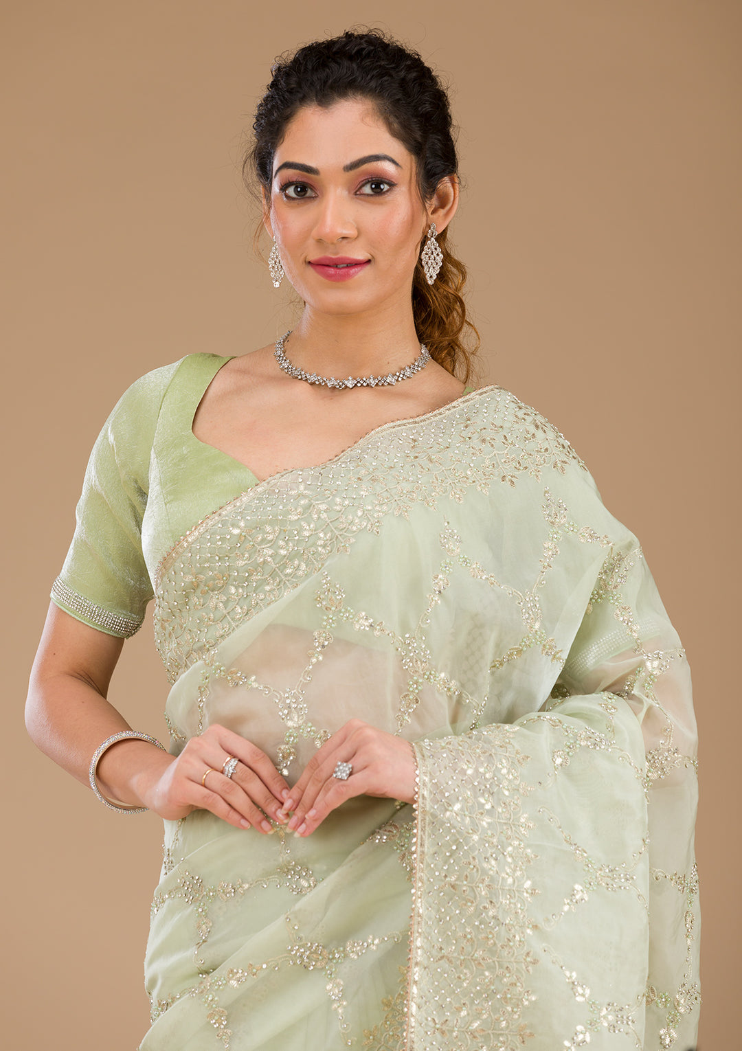 Pista Green Gotapatti Tissue Saree-Koskii