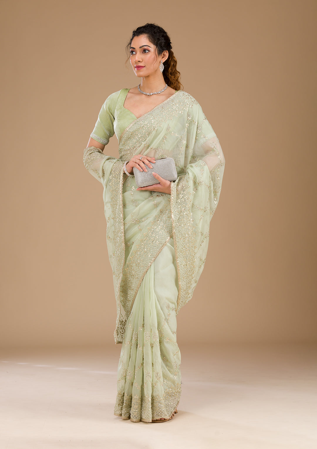 Pista Green Gotapatti Tissue Saree-Koskii